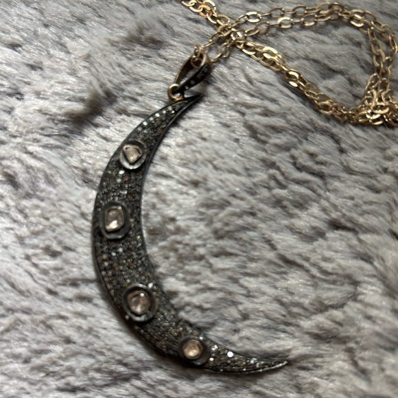 Gold Crescent Moon Necklace with Raw Natural Diamonds - Originally $850 - Picture 2 of 5